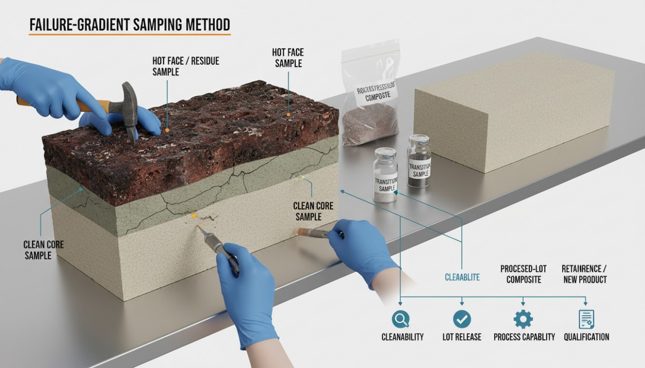 Failure-gradient sampling of spent refractory hot face, transition zone and clean core for recovery qualification